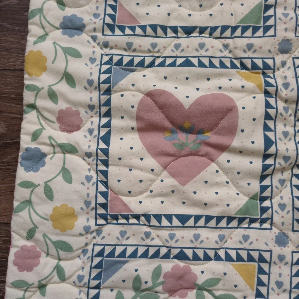 Vintage 80s Baby Quilt Wall Hanging Pastel Animal Cat Whale Duck Floral Folk Art